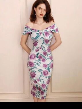 Off-Shoulder White Dress with Purple Floral Print